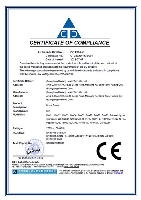  CE Zertifikat für Heimsaunen 