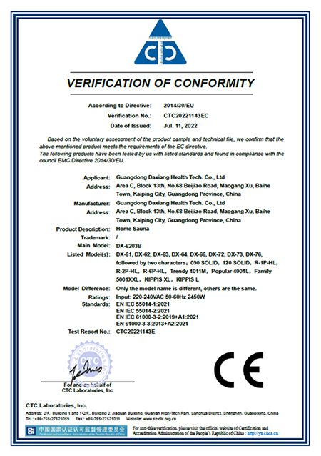  CE Zertifikate für DX-6203B Heimsauna 
